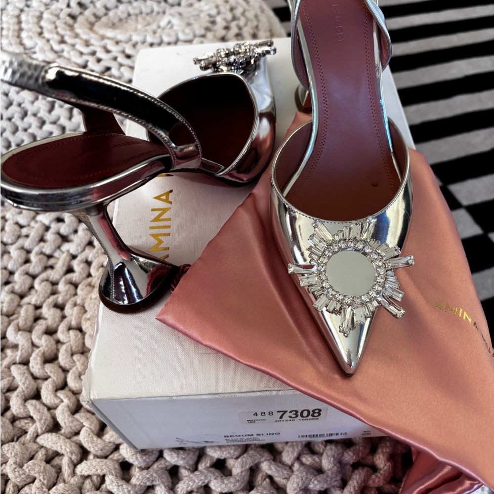 Amina Muaddi Metallic Silver Embellished Heels